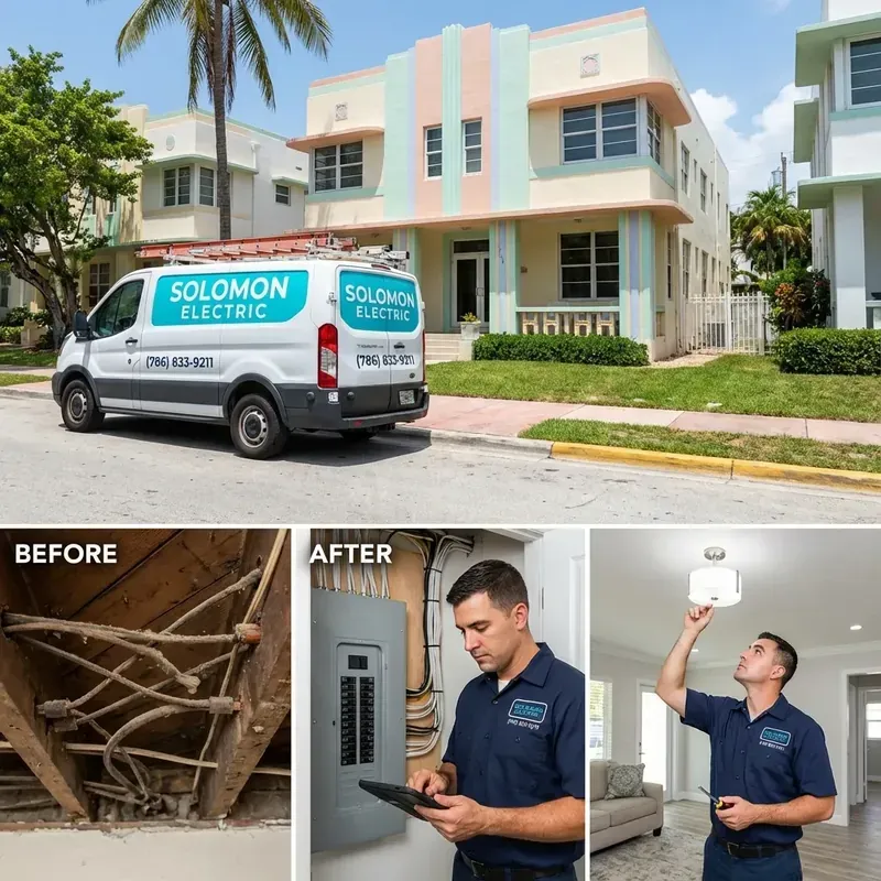 Solomon Electric electrician carefully rewiring historic Coral Gables home while preserving original architecture