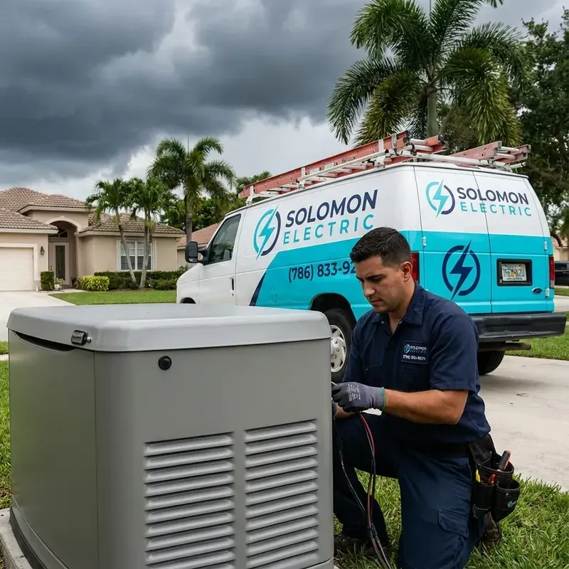 Solomon Electric technicians installing whole-home Generac generator for Miami hurricane preparedness
