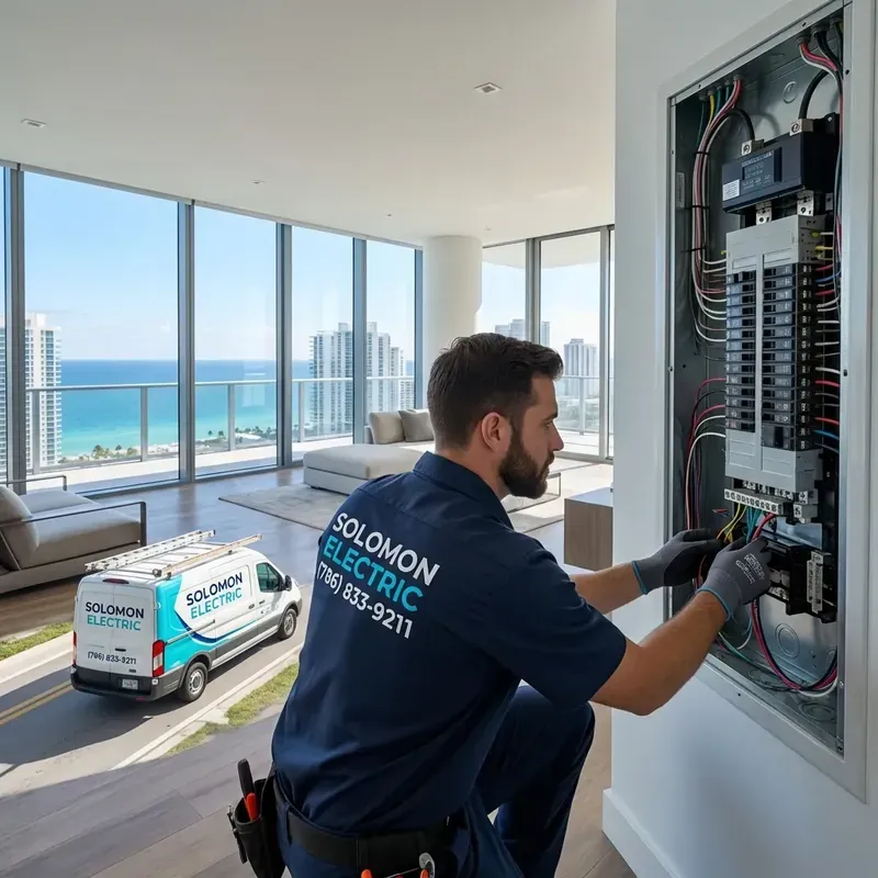 Solomon Electric technician performing electrical upgrades in luxury Miami high-rise condo with Biscayne Bay views